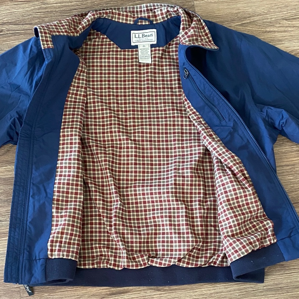 L.L. Bean men’s Navy Jacket with Checkered flannal Collar bomber windbreaker XL - Picture 7 of 8